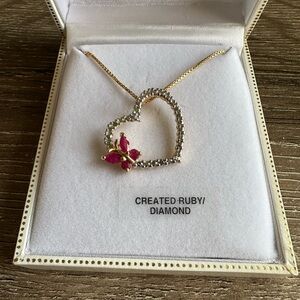 Created Ruby and Diamond Butterfly Heart Necklace Gold vermeil stamped 925